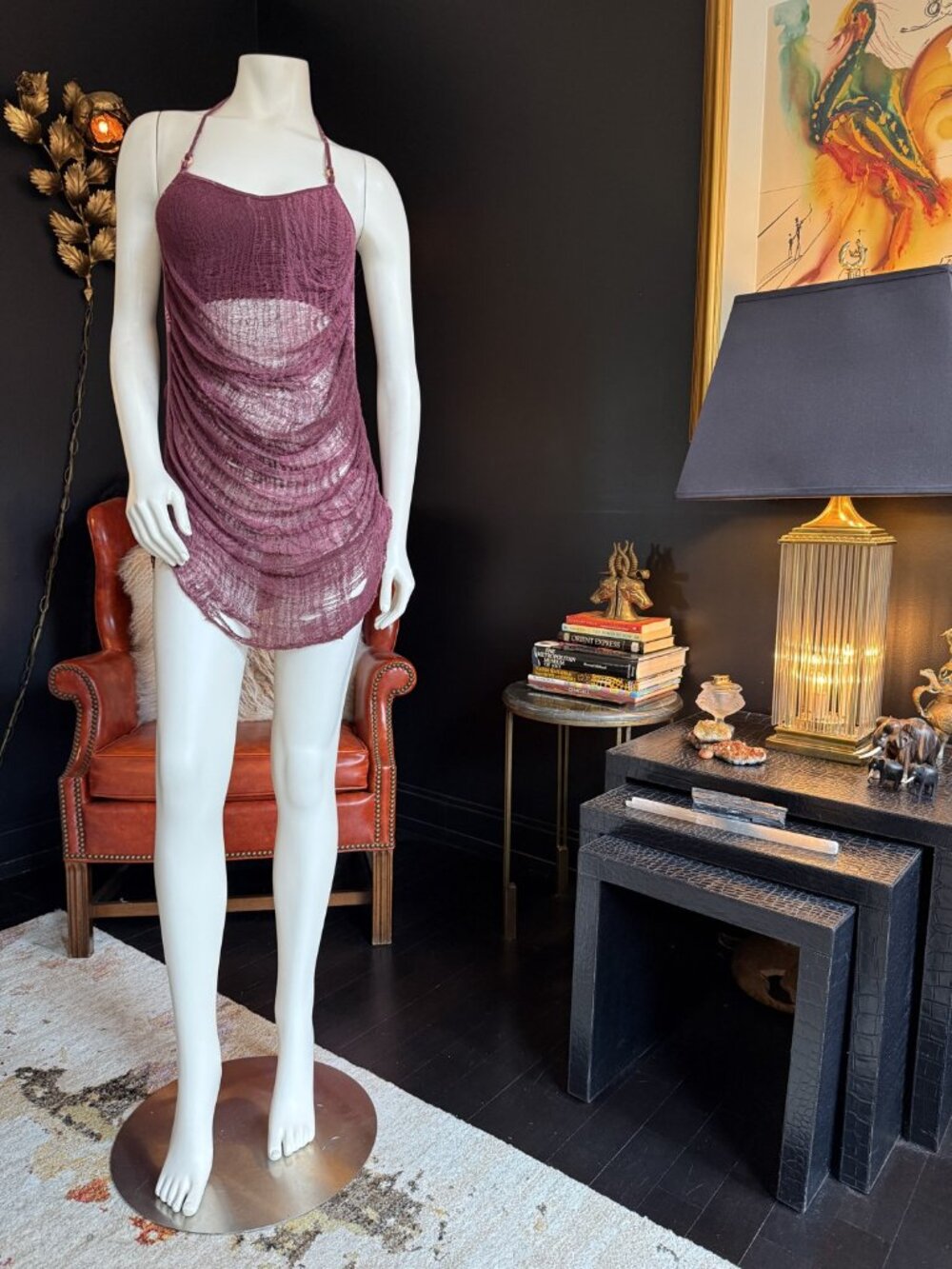 The Vintage Heiress OOAK Handmade Metallic Ruched Mini Dress Burgundy XS/S